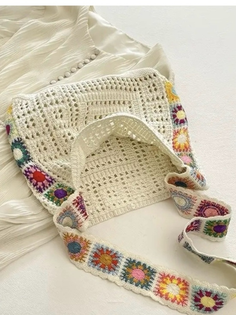 Cream Crochet Crossbody Bag with Multicolor Granny Square Accents